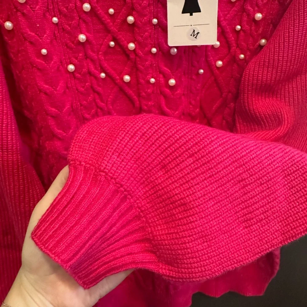 Hot Pink Mock Neck Sweater‎ with Pearl Accents | Medium | NWT - Picture 3 of 6